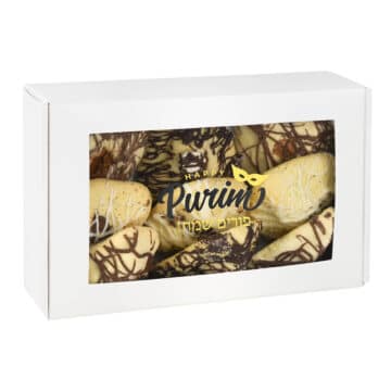 Limited edition Mishloach Manos box featuring a trio of Hamantash flavors—Caramel Chocolate, S’mores with marshmallow drizzle, and Cookies & Cream.