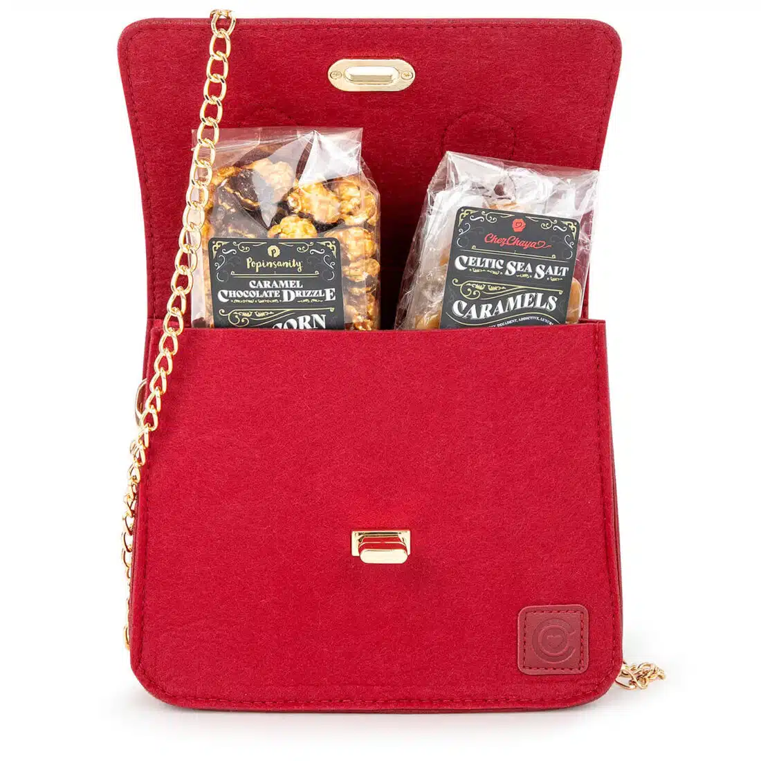 Crossbody Purse with handcrafted caramels and gourmet popcorn