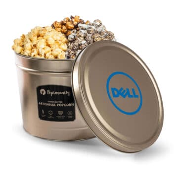 Custom branded popcorn tin with 3 gourmet flavors
