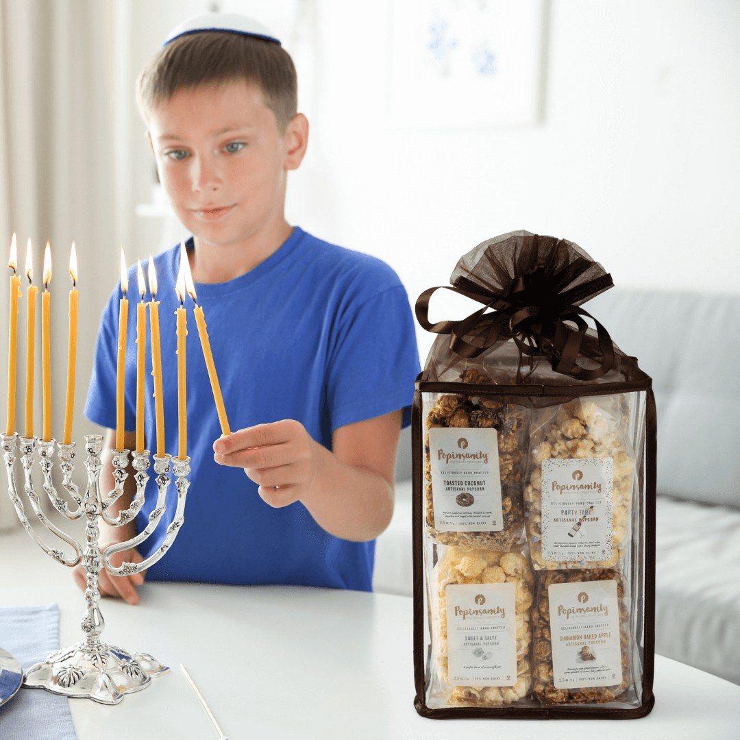 Excellent Chanukah PResent Luxury popcorn gift and boy lighting the menorah for Hannukah