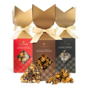 Vegan Hamantaschen Gourmet Popcorn Gift Boxes - Purim Mishloach Manos - Gold Ribbon, Fancy Presentation, Kosher Parve, Exquisitely Crafted