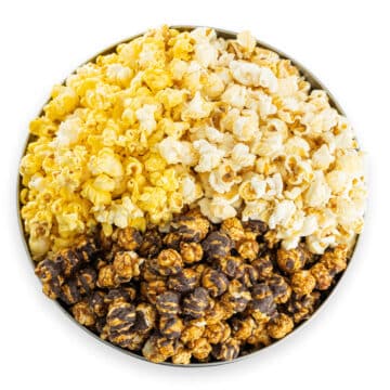 caramel popcorn with 2 premium popcorn flavors in a tin