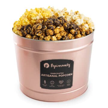 Party Tin with caramel chocolate drizzle popcorn