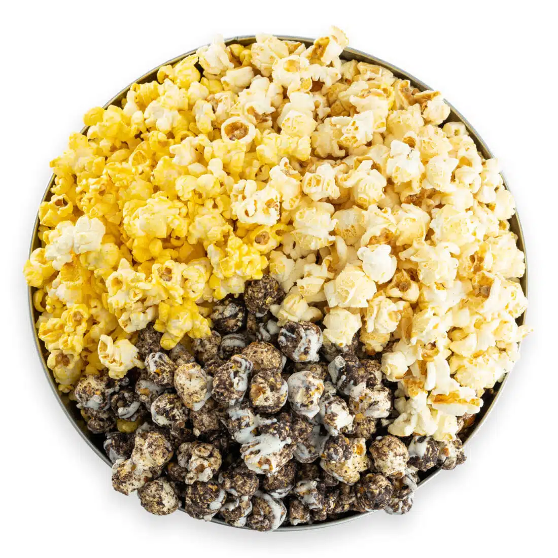 cookies and cream popcorn tin with kettle corn