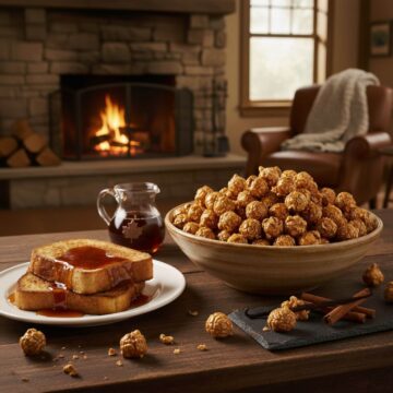 Artisanal caramel popcorn with maple flavor notes displayed on a rustic table with breakfast themes for a warm, comforting winter vibe.