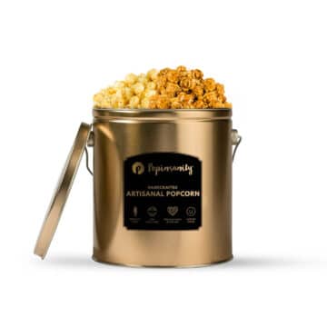 popcorn gift tin with Classic Caramel Gourmet Popcorn and sweet & salty kettle corn