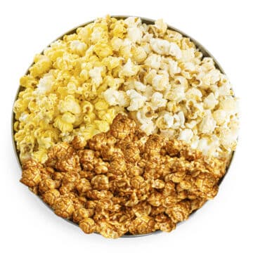 Gourmet popcorn tin with caramel, theater popcorn and sweet & salty kettle corn