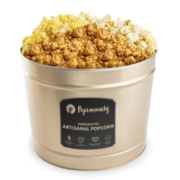 Fancy popcorn tin with caramel, theater popcorn and sweet & salty kettle corn