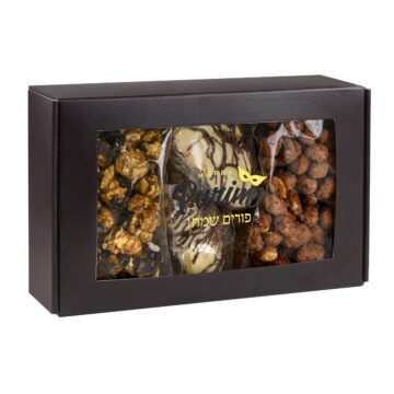 Kosher-certified Purim Treats Trio with Caramel Chocolate Drizzle Popcorn, handcrafted Chocolate Drizzled Hamantash, and non-dairy Cinnamon Praline Peanuts for Mishloach Manot.
