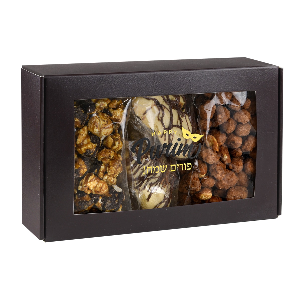 Festive Purim Trio Gift Box featuring non-dairy Caramel Chocolate Drizzle Popcorn, a vegan Chocolate Drizzled Hamantash, and kosher parve Cinnamon Praline Peanuts. Kosher-certified Purim Treats Trio with Caramel Chocolate Drizzle Popcorn, handcrafted Chocolate Drizzled Hamantash, and non-dairy Cinnamon Praline Peanuts for Mishloach Manot.