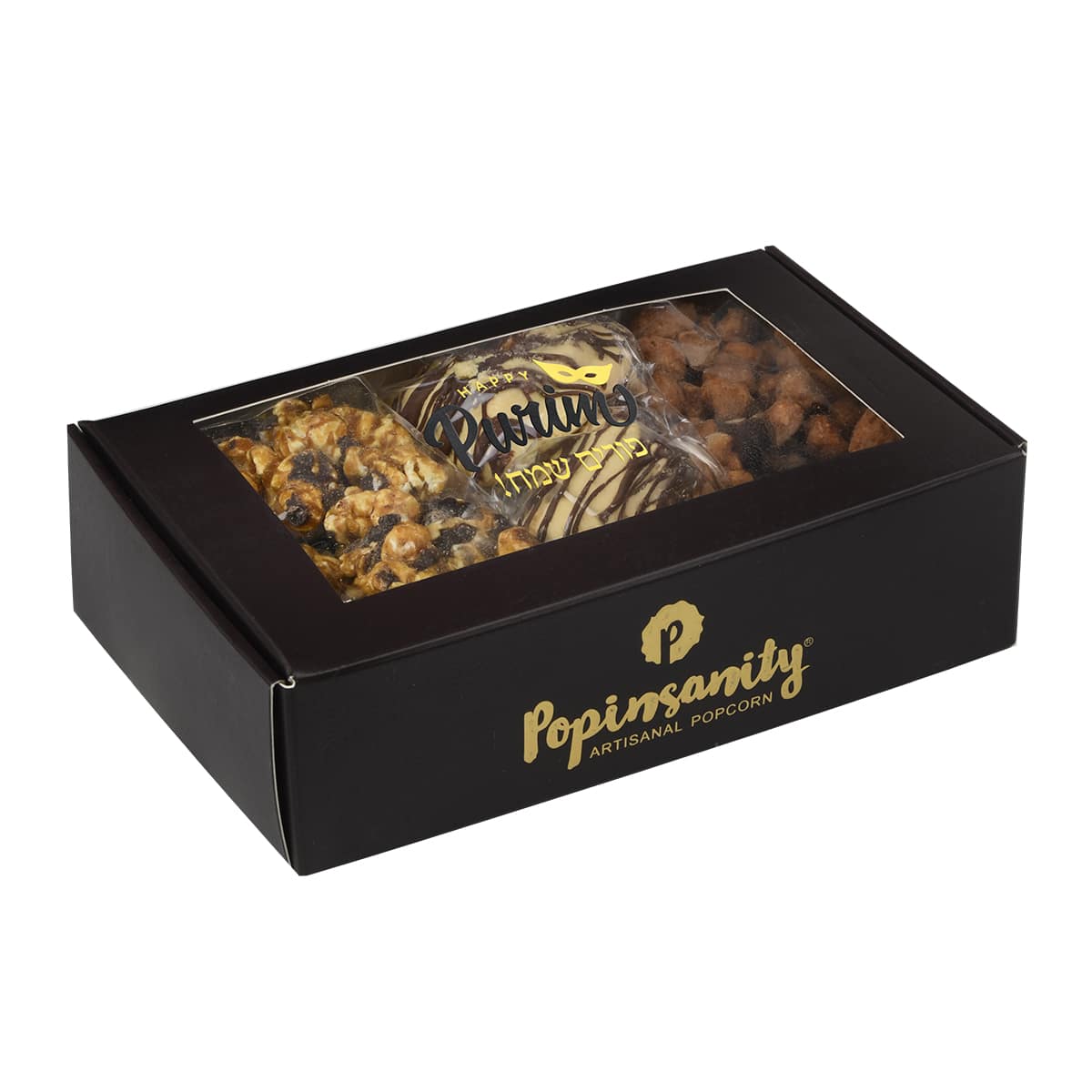 Kosher-certified Purim Treats Trio with Caramel Chocolate Drizzle Popcorn, handcrafted Chocolate Drizzled Hamantash, and non-dairy Cinnamon Praline Peanuts for Mishloach Manot. Celebrate Purim with a luxurious trio gift box featuring kosher parve Caramel Chocolate Drizzle Popcorn, vegan Cinnamon Praline Peanuts, and a Chocolate Drizzled Hamantash.