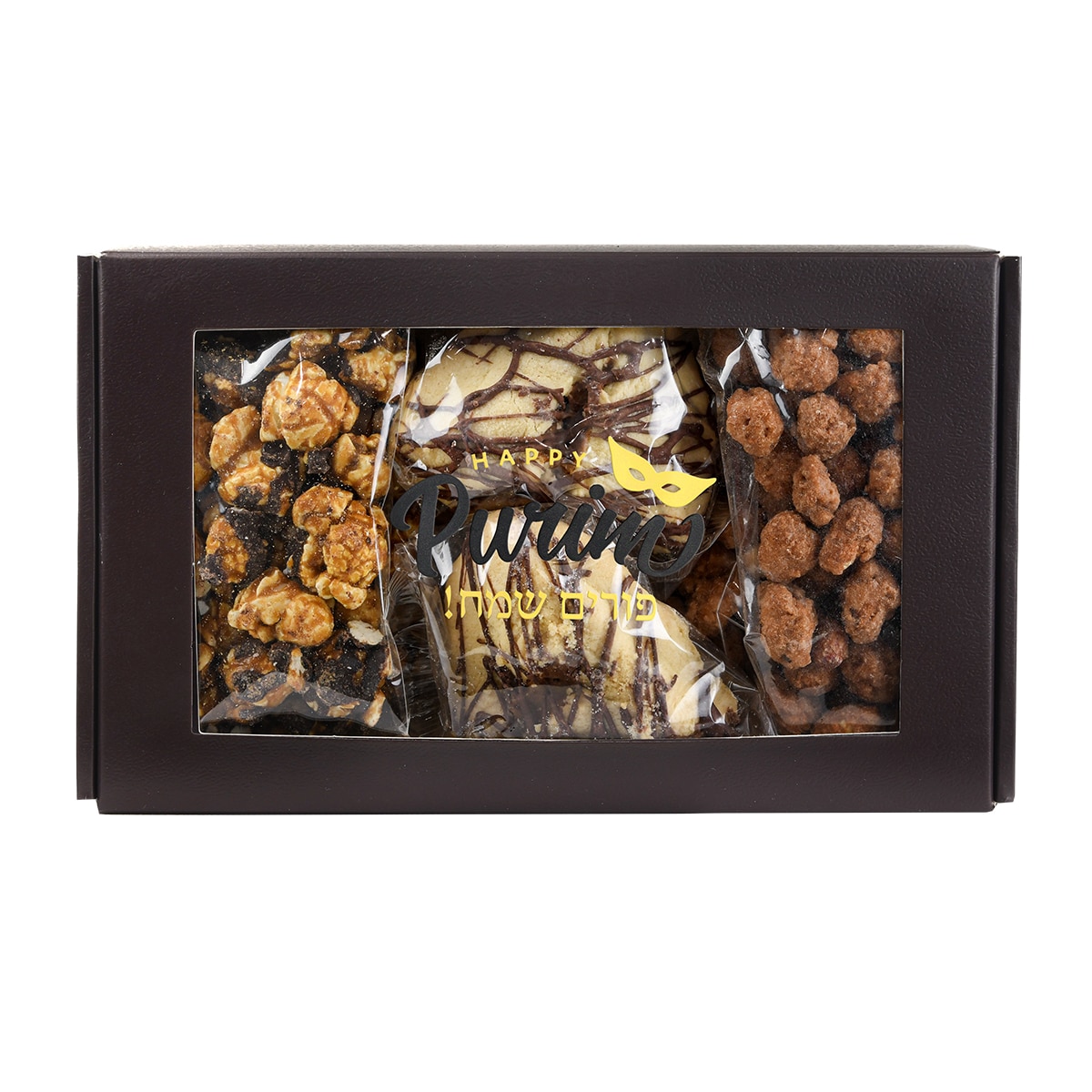 Elegant Purim Treats Box containing artisan-crafted Caramel Chocolate Drizzle Popcorn, a chocolate-covered Hamantash, and sweetly spiced Cinnamon Praline Peanuts for holiday gifting Luxurious Purim Trio Gift Box featuring indulgent Caramel Chocolate Drizzle Popcorn, a decadent Chocolate-Dipped Hamantash, and spiced Cinnamon Praline Peanuts, perfect for Mishloach Manot