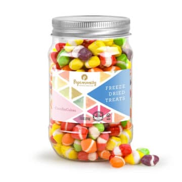 Resealable jar of freeze-dried candy, perfect for sharing or snacking on the go