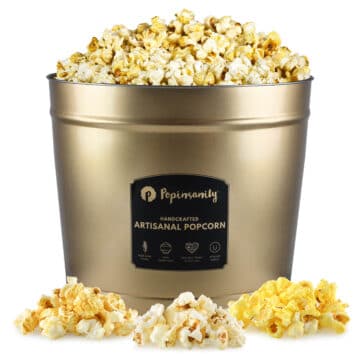 Popinsanity Vegan Gourmet Popcorn Gift Tin: Savory Flavors Include Truffle Herb Parmesan, Sweet Jalapeño Kettle Corn, and Classic Theatre Popcorn. Handcrafted in the USA.