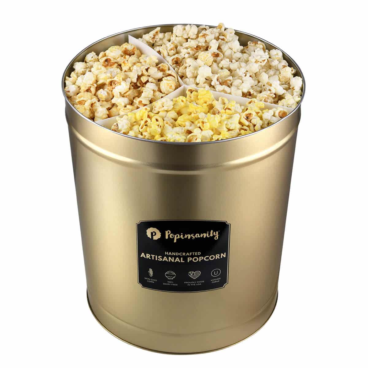 Savory Vegan Snack Gift: Popinsanity's Popcorn Tin with Truffle Herb Parmesan, Sweet Jalapeño Kettle Corn, and Theatre Flavors. A Unique and Flavorful Choice for Corporate Gifts or Special Occasions Popinsanity Handcrafted Vegan Popcorn: Discover Three Savory and Unique Flavors – Truffle Herb Parmesan, Sweet Jalapeño Kettle Corn, and Theatre – in a Convenient and Reusable Gift Tin.
