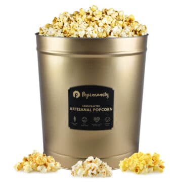 Artisanal Vegan Popcorn Trio: Popinsanity Gift Tin Featuring Savory Truffle Herb Parmesan, Sweet Jalapeño Kettle Corn, and Theatre Flavors. Gourmet, Handcrafted, and Ideal for Plant-Based Snacking.