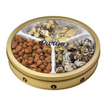 Celebrate Purim with a gourmet gift tin containing Cookies and Cream popcorn, rich chocolate-drizzled Hamantashen, and sweet roasted peanuts