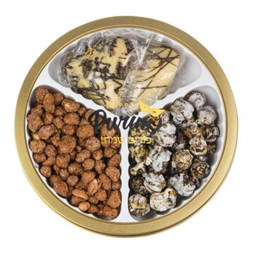 Happy Purim gold tin filled with Cookies and Cream Gourmet Popcorn, chocolate-drizzled Hamantashen, and raspberry roasted candied peanuts