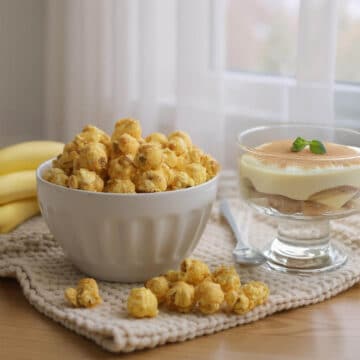 Artfully styled dessert setup featuring Popinsanity’s banana custard popcorn, real bananas, and vanilla pudding for a Southern-inspired treat moment.