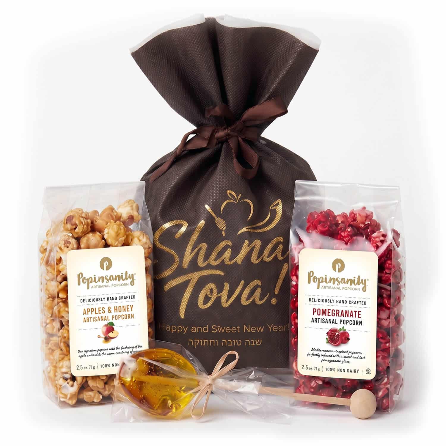 Rosh Hashana Mini Gift Bag Rosh Hashanah gift bag with Apples & Honey gourmet popcorn, Pomegranate flavor popcorn, and a honey candy spoon