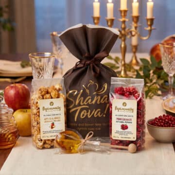 Popinsanity Rosh Hashanah gift set displayed on a festive holiday table featuring Apples & Honey popcorn, Pomegranate popcorn, a honey lollipop, and a brown Shana Tova tote bag alongside traditional Jewish New Year foods.