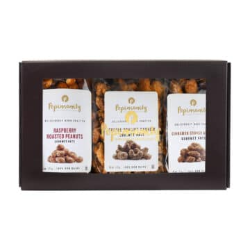 Popinsanity Gourmet Nuts Trio Gift Box with three flavors – almonds, peanuts, cashews