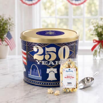 America’s 250th Gourmet Popcorn Sharing Tin with 20 mini bags of birthday cake popcorn
