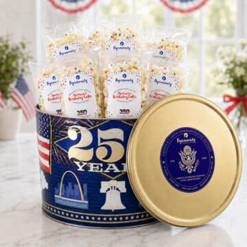 America’s 250th Gourmet Popcorn Sharing Tin with 20 mini bags of birthday cake popcorn