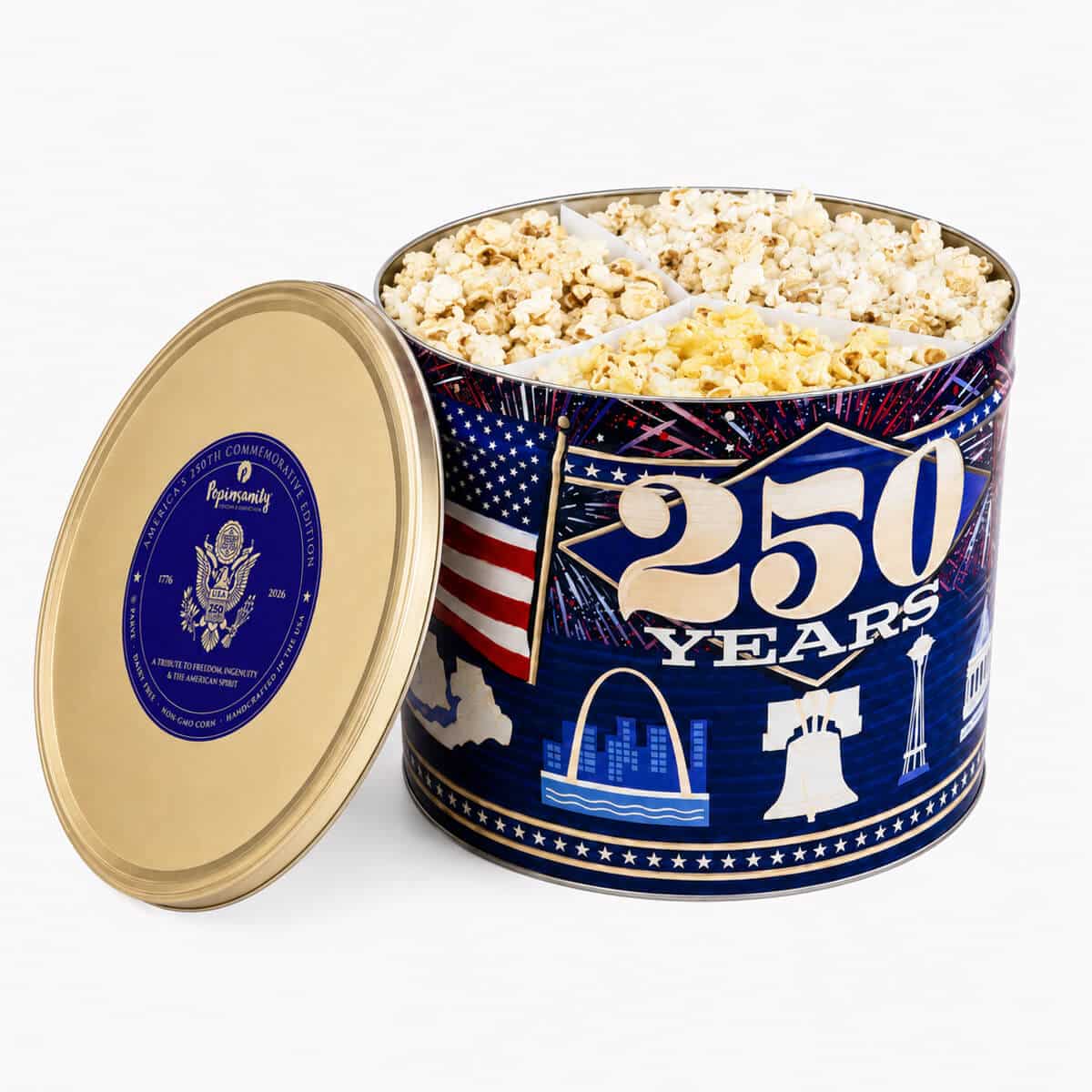 G2GT250S Popinsanity 250 Years America commemorative edition popcorn tin with gold lid open showcasing three gourmet flavors.