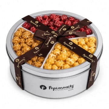 Rosh Hashanah gourmet popcorn three flavor tin with Pomegranate, Apples & Honey, and Cinnamon Baked Apple popcorn