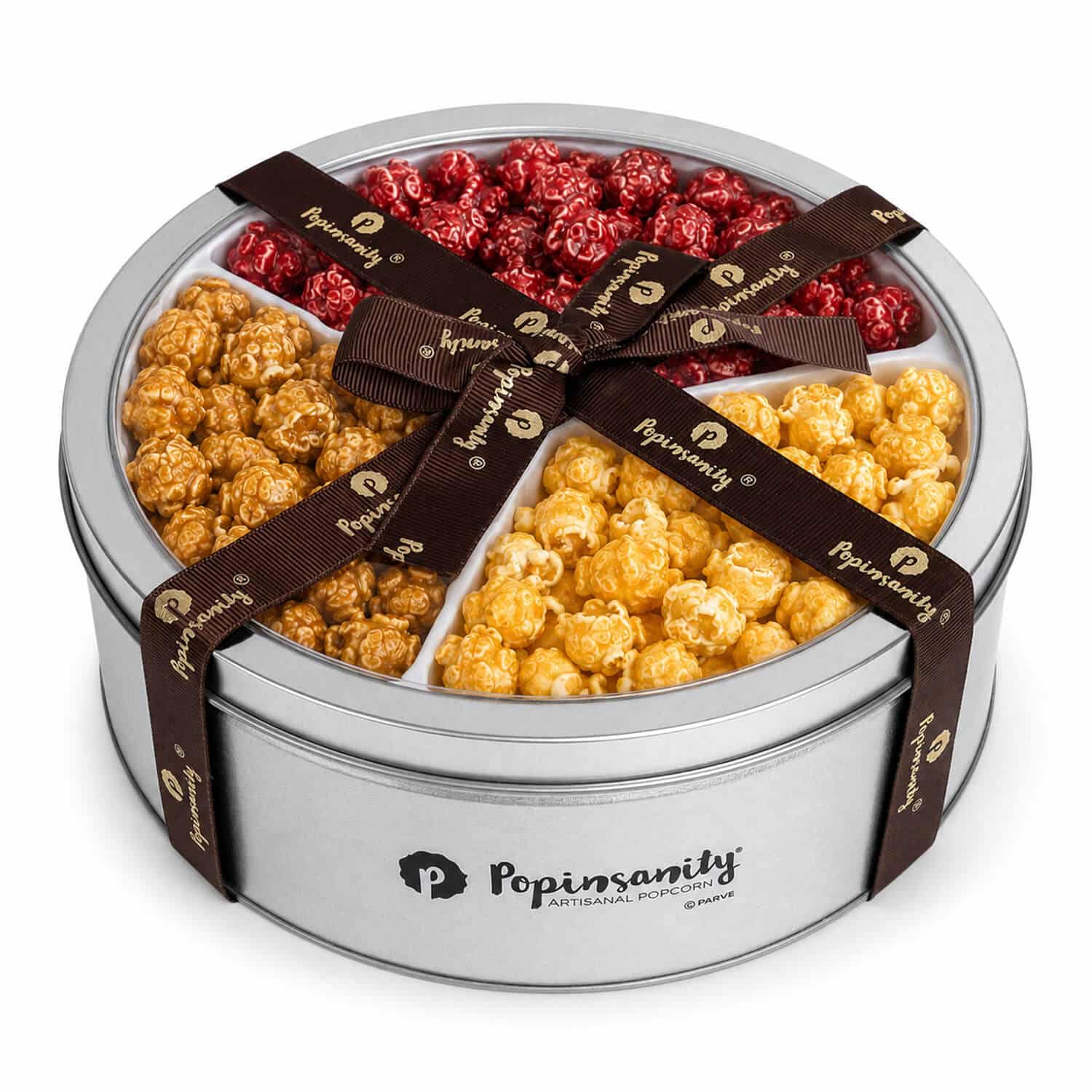 RHTRITIN-2 Rosh Hashanah gourmet popcorn three flavor tin with Pomegranate, Apples & Honey, and Cinnamon Baked Apple popcorn