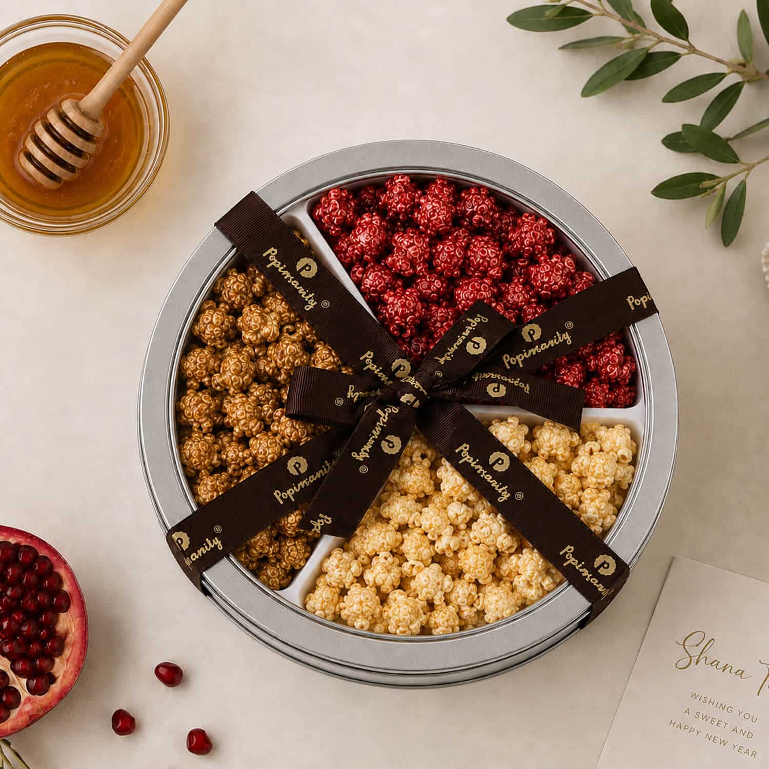 RHTRITIN-4 Rosh Hashanah gourmet popcorn gift tin with Pomegranate, Apples & Honey, and Cinnamon Baked Apple flavors